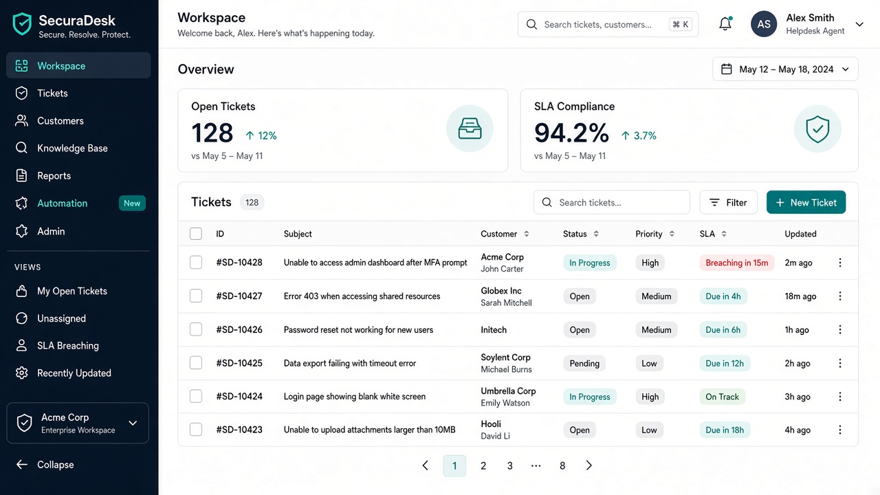 SecuraDesk agent workspace with open tickets and SLA indicators